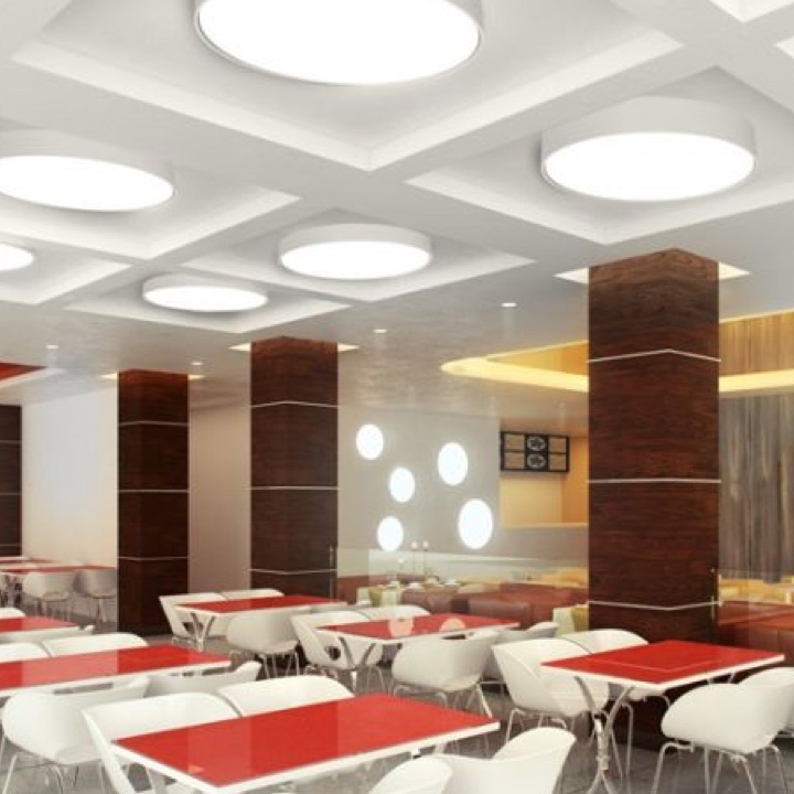 FINA Lighting on ceiling and wall in cafe with red tables