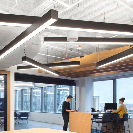 Open work space with ceiling lighting