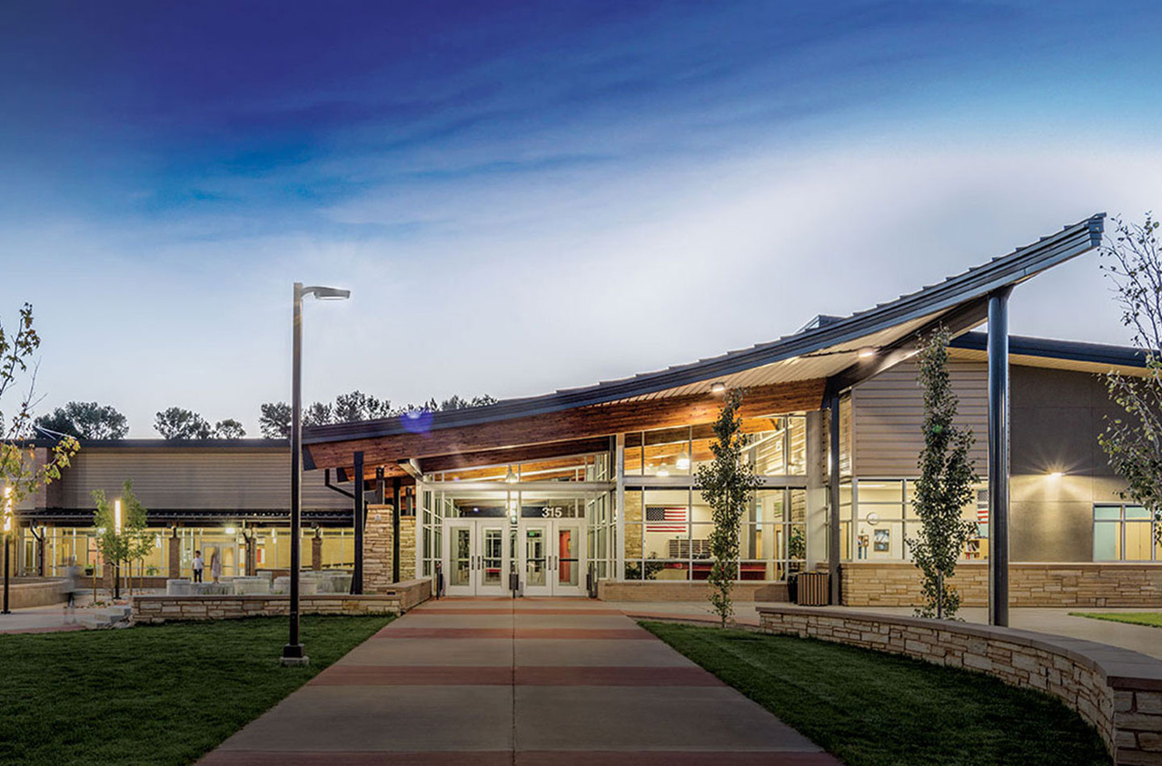 The external of a high school building with Kenall lighting fixtures