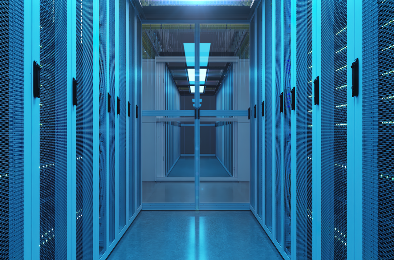 Room with data center cabinets. With cabinets on both the left and right side of the room