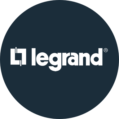 Dark blue circle with white Legrand logo