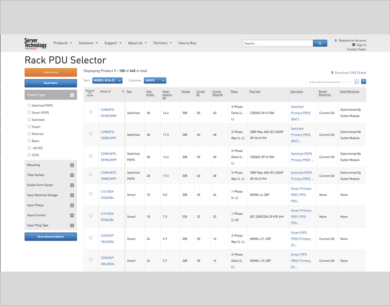 Screen shot of Server Technology PDU selector