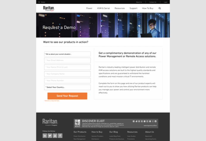 Screenshot of Raritan's request a demo web page